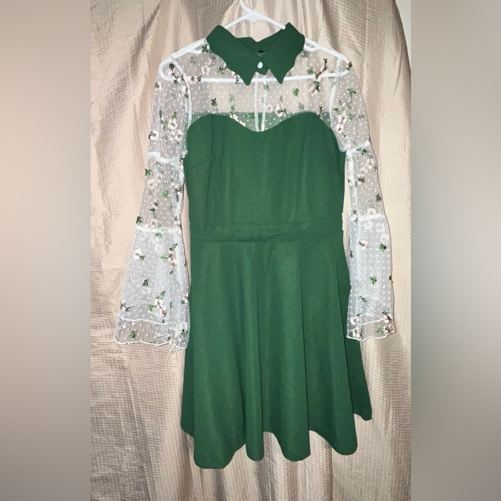 Green Cocktail or Party Dress with Sheer Floral Sleeves